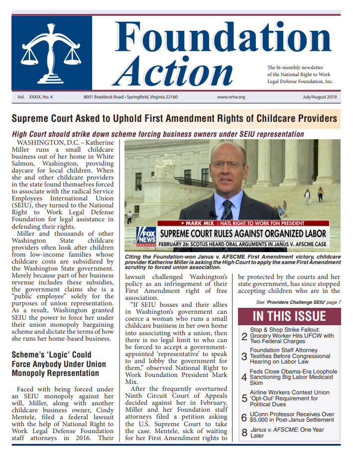Cover July August 2019 Foundation Action Newsletter National Right to Work Legal Defense Foundation Inc
