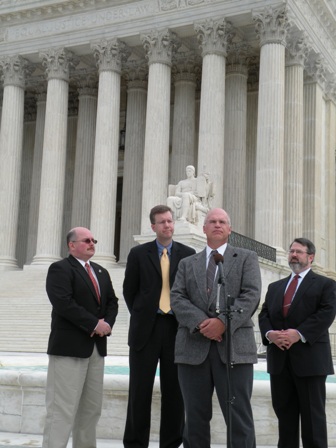 Daniel Locke takes questions from reporters flanked by Former Maine State employee Mark Turek, Foundation VP Stefan Gleason and Foundation Staff Attorney Jim Young (L to R)