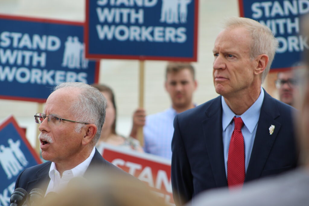 Foundation attorneys aided IL public employee Mark Janus with former IL Gov. Bruce Rauner, right) in his landmark First Amendment victory. But Foundation attorneys often must fight to enforce Janus rights, as in Chris Logan's case.